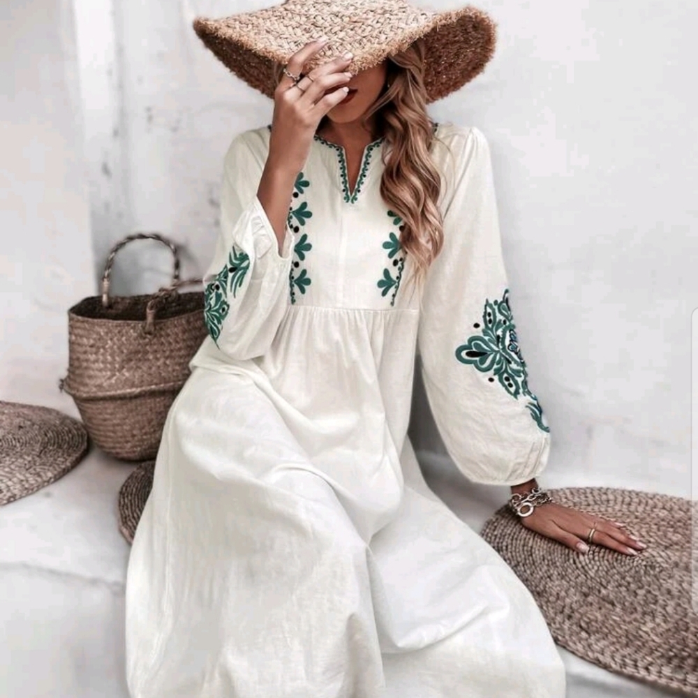 BOHO white dress teal embroidery lantern sleeves - Picture 7 of 7
